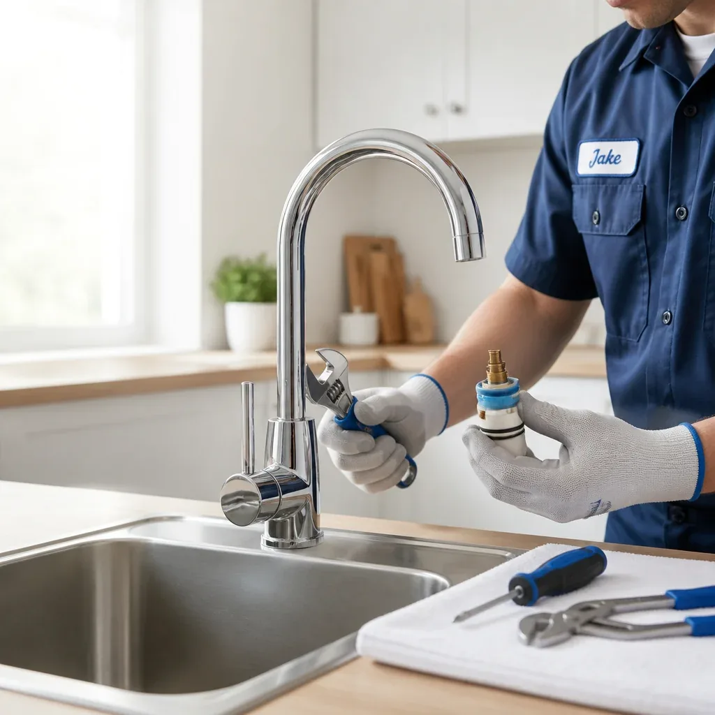 Técnico ajustando uma torneira com ferramentas em cozinha residencial